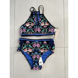 Nanette Lepore Swimsuit Bikini Floral Damask Lace up Swimwear